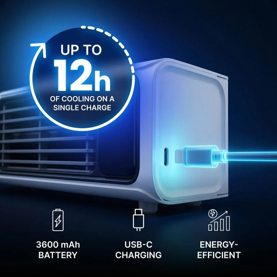 AirZuma accuduur – tot 12 uur koeling met één lading, 3.600 mAh-accu, USB-C-opladen, energiezuinig