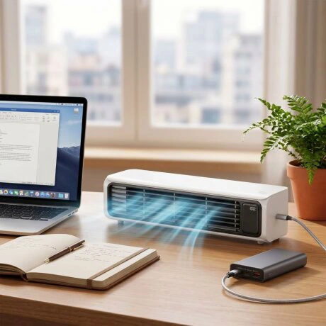 AirZuma op het bureau naast laptop en plant – compact gebruik bij het thuiswerken met powerbank
