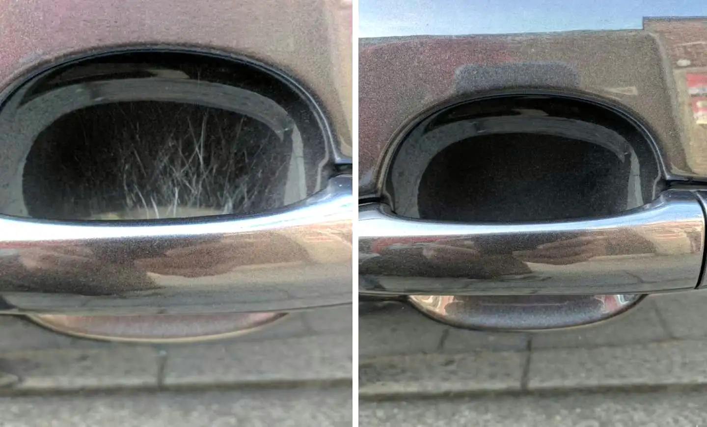 NanoPolix nano-doekje verwijdert een sleutelkras op autolak – beschadigd oppervlak zichtbaar hersteld